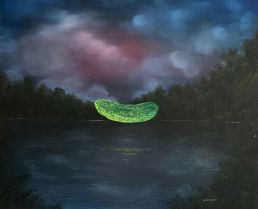 Pickle floating above lake in forest painting Charlotte Le Bon